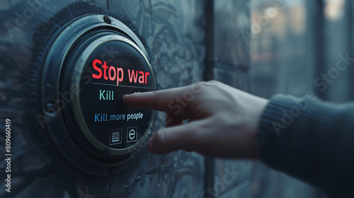 Hand presses a digital interface with several options, two of them labeled "Stop war" and "Kill more people"