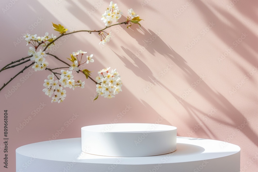 Ethereal Spring Morning: Minimalist White Podium with Soft Shadows and Delicate Blossoms on a Dreamy Pastel Background in Sunlight Ethereal Spring Morning: Minimalist White Podium with Soft Shadows and Delicate Blossoms on a Dreamy Pastel Background in Sunlight