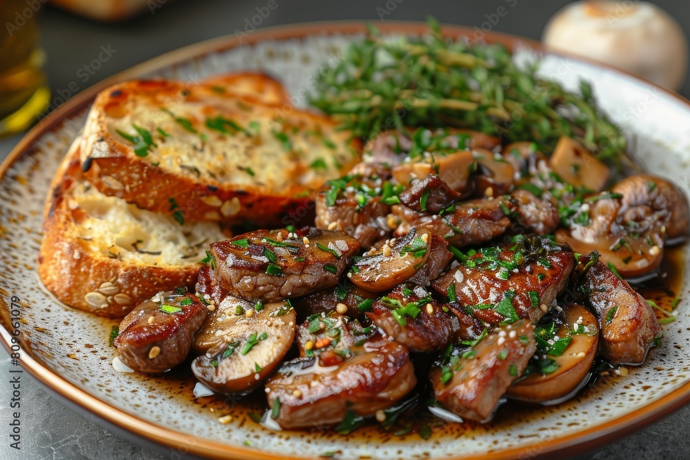 Rustic earthenware containing grilled steak and mushrooms with toasted bread Rustic earthenware containing grilled steak and mushrooms with toasted bread