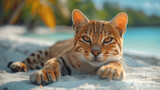 A close-up shot capturing the playful antics of wild cats roaming freely on International Cat Cay's sandy shores, with curious felines exploring their natural habitat against the b