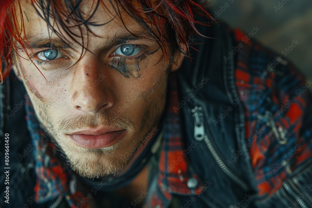 Obraz premium Portrait of a striking individual with red hair, blue eyes, and tribal-style face paint