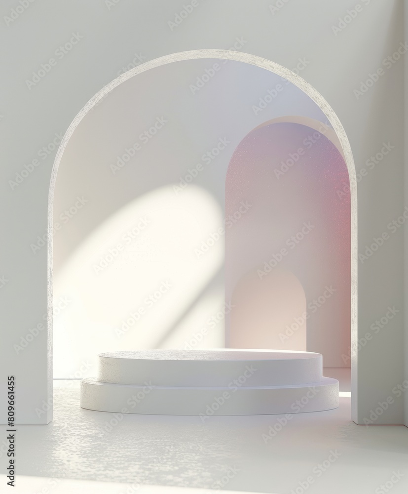 Futuristic Monochromatic Podium for Minimalist Apparel Display, Bright LED Lighting and Soft Grey Shadows in Sleek Mockup Futuristic Monochromatic Podium for Minimalist Apparel Display, Bright LED Lighting and Soft Grey Shadows in Sleek Mockup