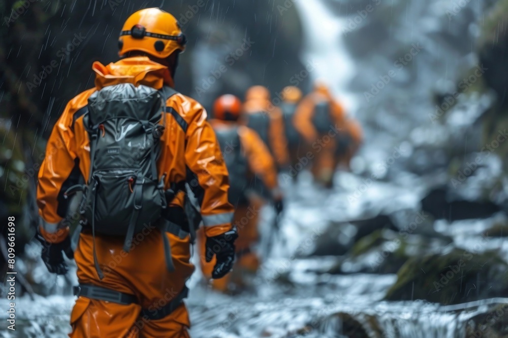 A line of search and rescue workers trekking through a rainy wilderness setting, focused and determined A line of search and rescue workers trekking through a rainy wilderness setting, focused and determined