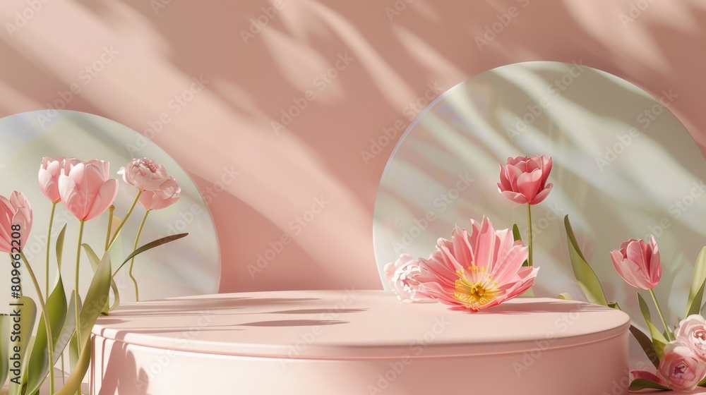 Ethereal Spring Display: Soft Pastel Pink Podium Surrounded by Vibrant Tulips and Daffodils in a Dreamy Meadow Setting Ethereal Spring Display: Soft Pastel Pink Podium Surrounded by Vibrant Tulips and Daffodils in a Dreamy Meadow Setting