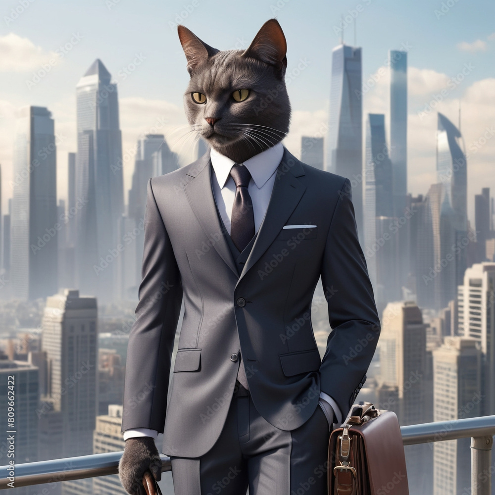 Business Cat Ready for Work Against City Skyline at Dawn Business Cat Ready for Work Against City Skyline at Dawn