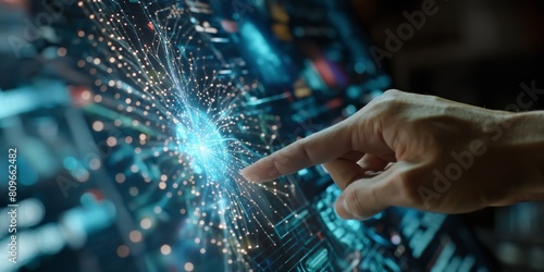 A human finger points at a dazzling digital display with bursting light particles symbolizing connectivity and technological advancement