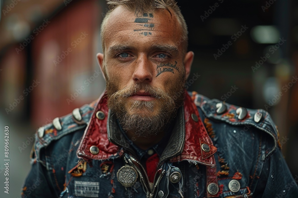 A man with face tattoos, piercing gaze, and a rugged beard in a striking portrait A man with face tattoos, piercing gaze, and a rugged beard in a striking portrait