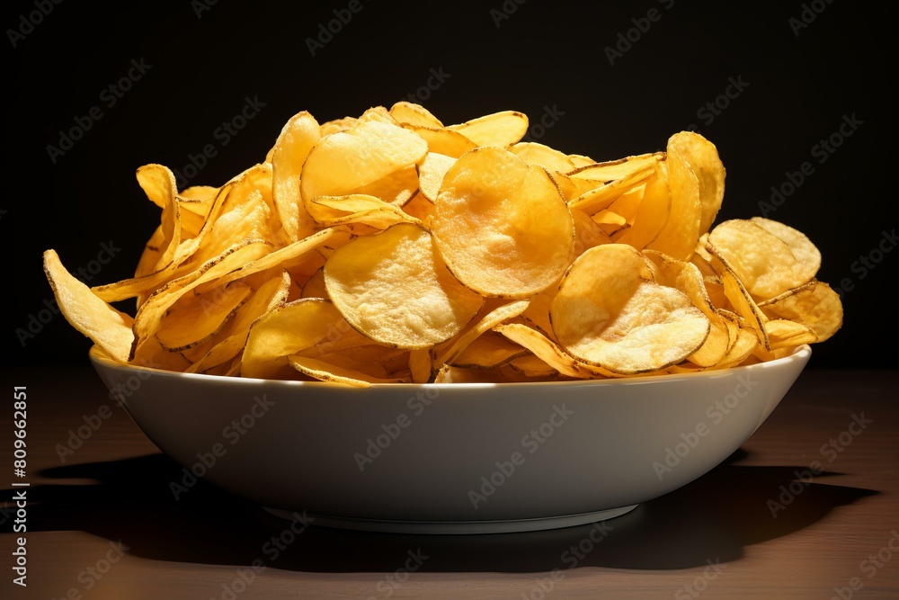Heaped bowl of crunchy potato chips on a dark background with dramatic lighting Heaped bowl of crunchy potato chips on a dark background with dramatic lighting
