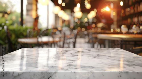 Elegant Marble Table Top on Blurred Cafe Background Generative AI