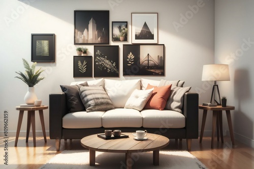 Cozy and stylish living room features a comfortable sofa, chic wall art, warm lighting, and a clean, minimalist design