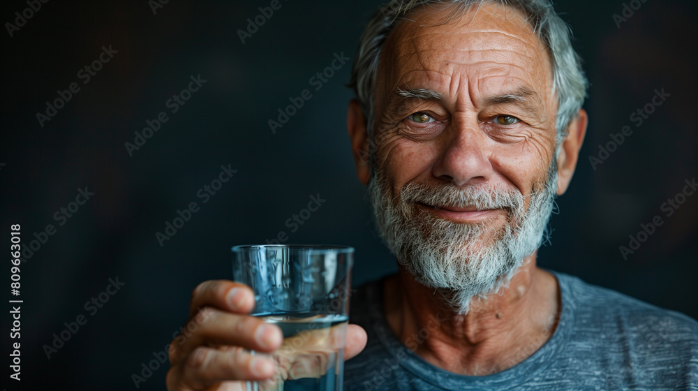 Portrait of senior caucasian man stand at home and hold glass of water Portrait of senior caucasian man stand at home and hold glass of water
