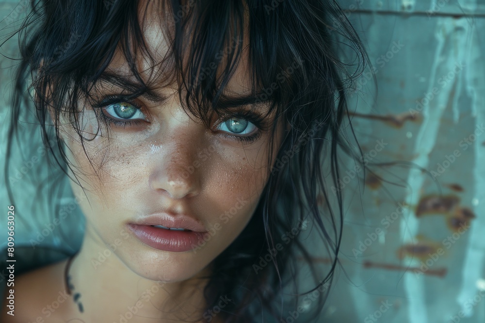 A close-up portrait featuring a woman with striking wet hair and vivid blue eyes against a rustic background A close-up portrait featuring a woman with striking wet hair and vivid blue eyes against a rustic background