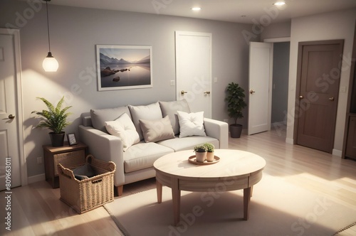 Inviting modern living room with white sofa  round coffee table  wall art  and tasteful home decor in the evening glow