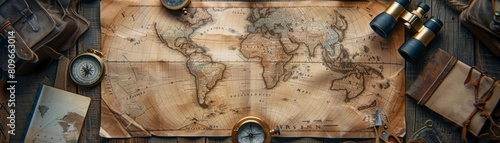 A detailed world map with a compass, binoculars, and other navigation tools.