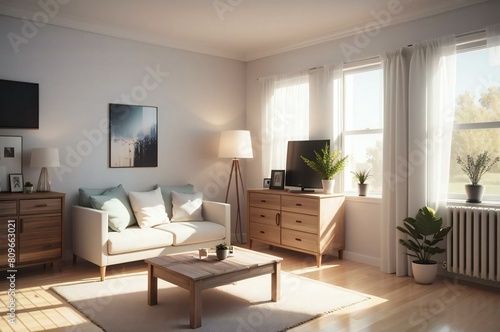 Sunlight streaming through the window of a modern living room  creating a serene and welcoming environment for relaxation