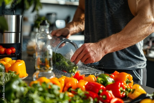 A fit man rinses bell peppers under a stream of water in a well-equipped, modern kitchen with various fresh vegetables visible. photo