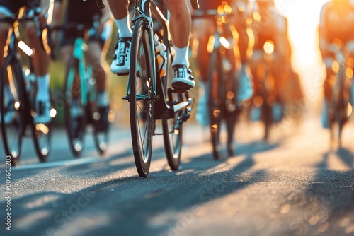 Cycling team in close-up against a sunny background during a professional race, Generative AI. photo