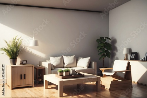 Cozy  minimalist living room bathed in warm sunlight featuring stylish furniture  indoor plants  and elegant pendant lighting