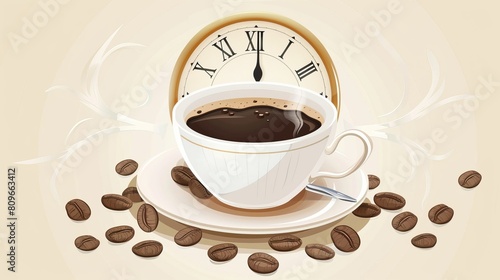 A vector illustration depicting a design theme centered around coffee time, featuring a clock concept.