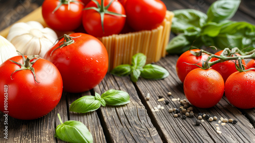 A wooden table with a basket of tomatoes and basil