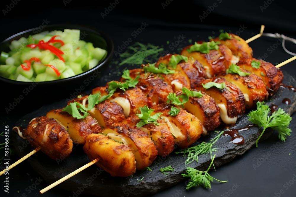 Succulent grilled chicken skewers topped with herbs and served with cucumber salad Succulent grilled chicken skewers topped with herbs and served with cucumber salad