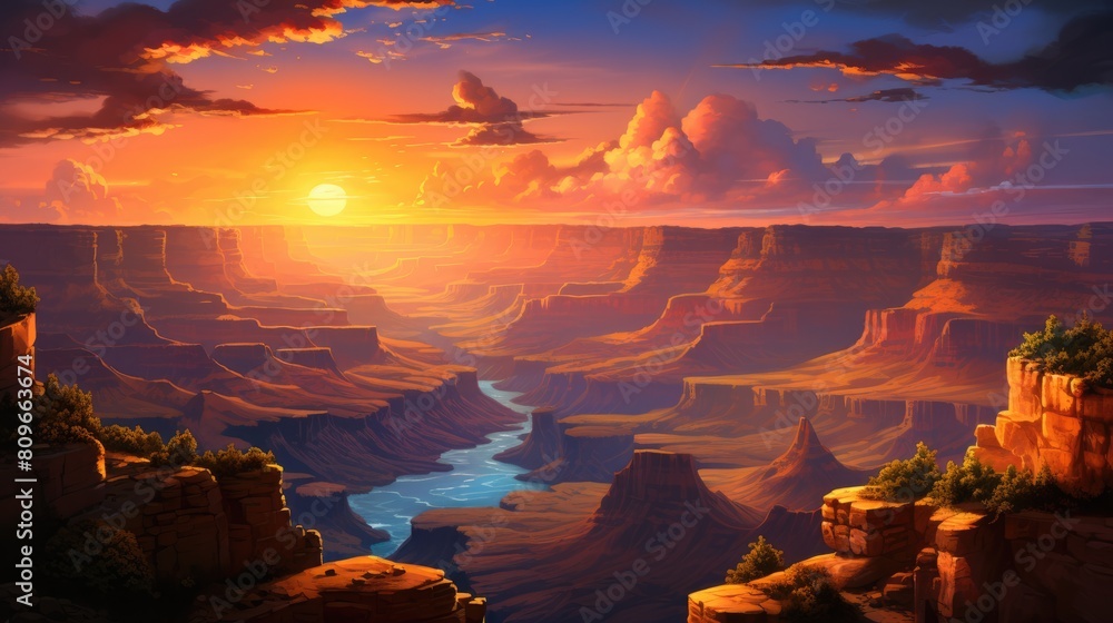 Sunrise over the canyon watercolor illustration - Generative AI. Red, sunset, cloud, canyon, rock.