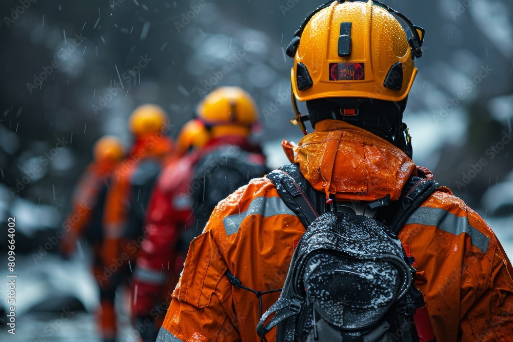 A team of rescue workers in bright orange uniforms walking through heavy snow, showcasing teamwork and bravery in harsh conditions A team of rescue workers in bright orange uniforms walking through heavy snow, showcasing teamwork and bravery in harsh conditions