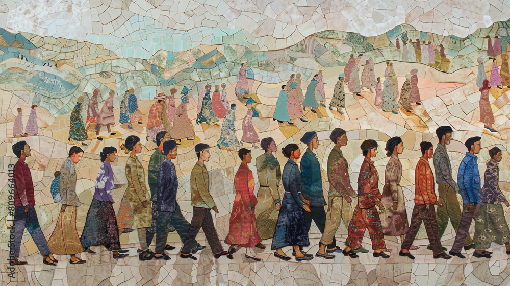 A painting of people in the street, crowd, all dressed and walking towards one direction,