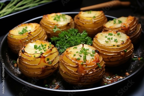 Golden baked hasselback potatoes garnished with herbs in a dark pan  ready to serve