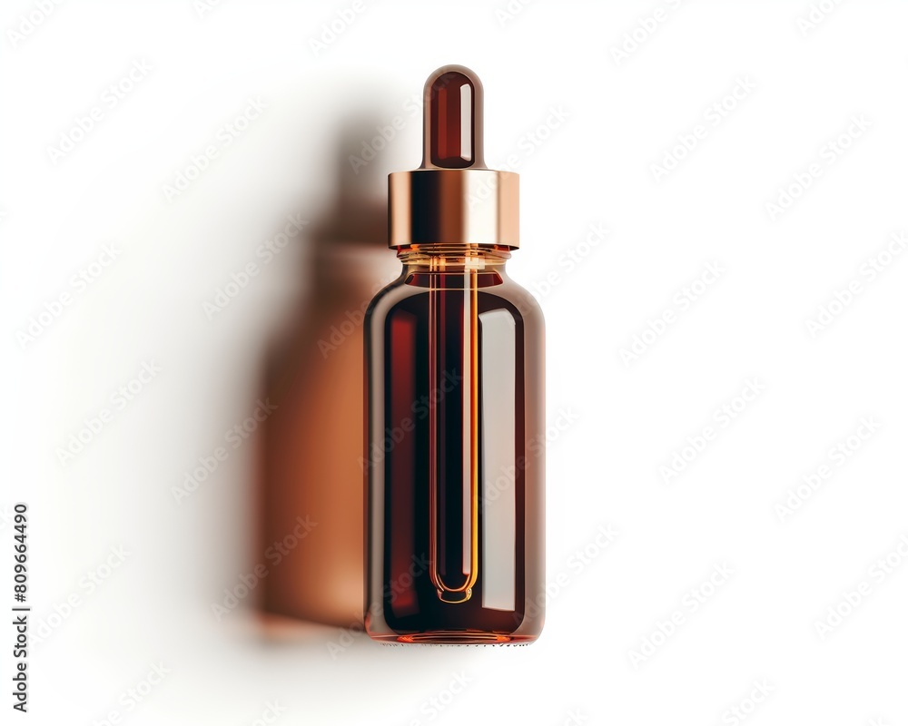 Amber dropper bottle isolated on a white background with a soft shadow, perfect for essential oils and serums