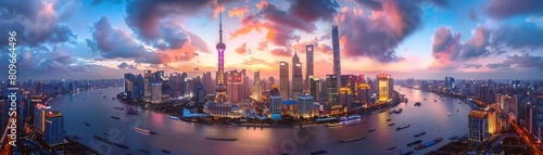 A vibrant cityscape of Shanghai, China. The sun is setting over the Huangpu River, casting a warm glow over the city. The skyscrapers of Lujiazui are lit up in the background.
