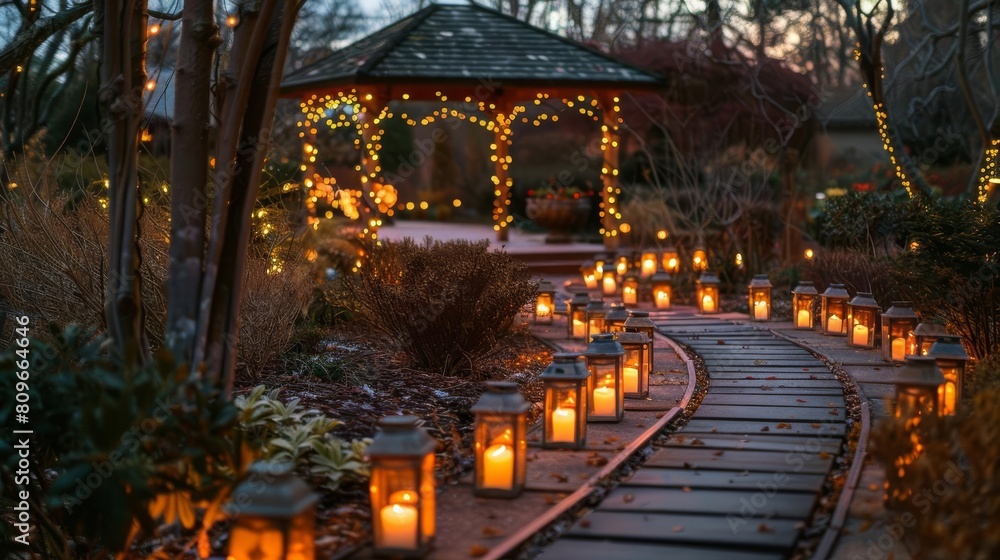 A wooden walkway winds through a tranquil garden, lined with glowing lanterns. Overhead, a pergola is adorned with twinkling lights, creating a magical atmosphere.