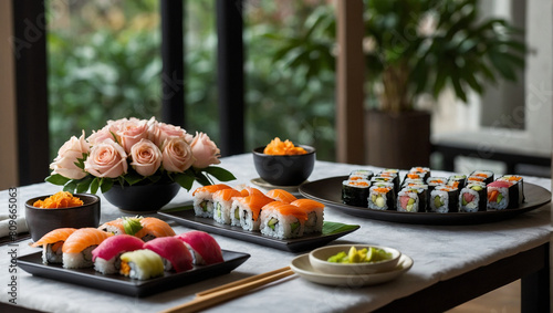 Mother's Day, the table is decorated with elegant sushi dishes and bouquets of fragrant roses. generative AI
