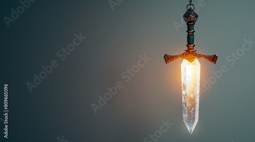 A glowing crystal sword against a gray background. photo