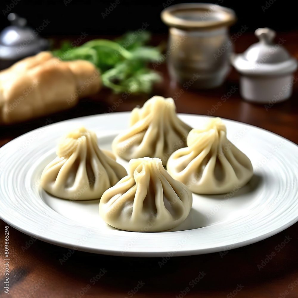 khinkali on a white plate. dish of Georgian cuisine. minimalist style. khinkali on a white plate. dish of Georgian cuisine. minimalist style.