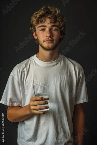 Portrait of young teenager boy stand at home and hold glass of water