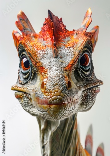 Beautiful dinosaur looking at the camera on a white background.