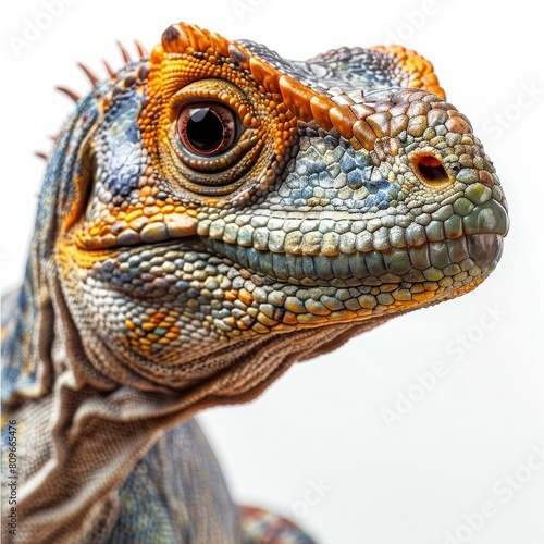 Beautiful dinosaur looking at the camera on a white background.