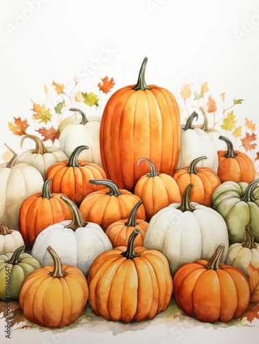 A watercolor painting of a cozy pumpkin patch