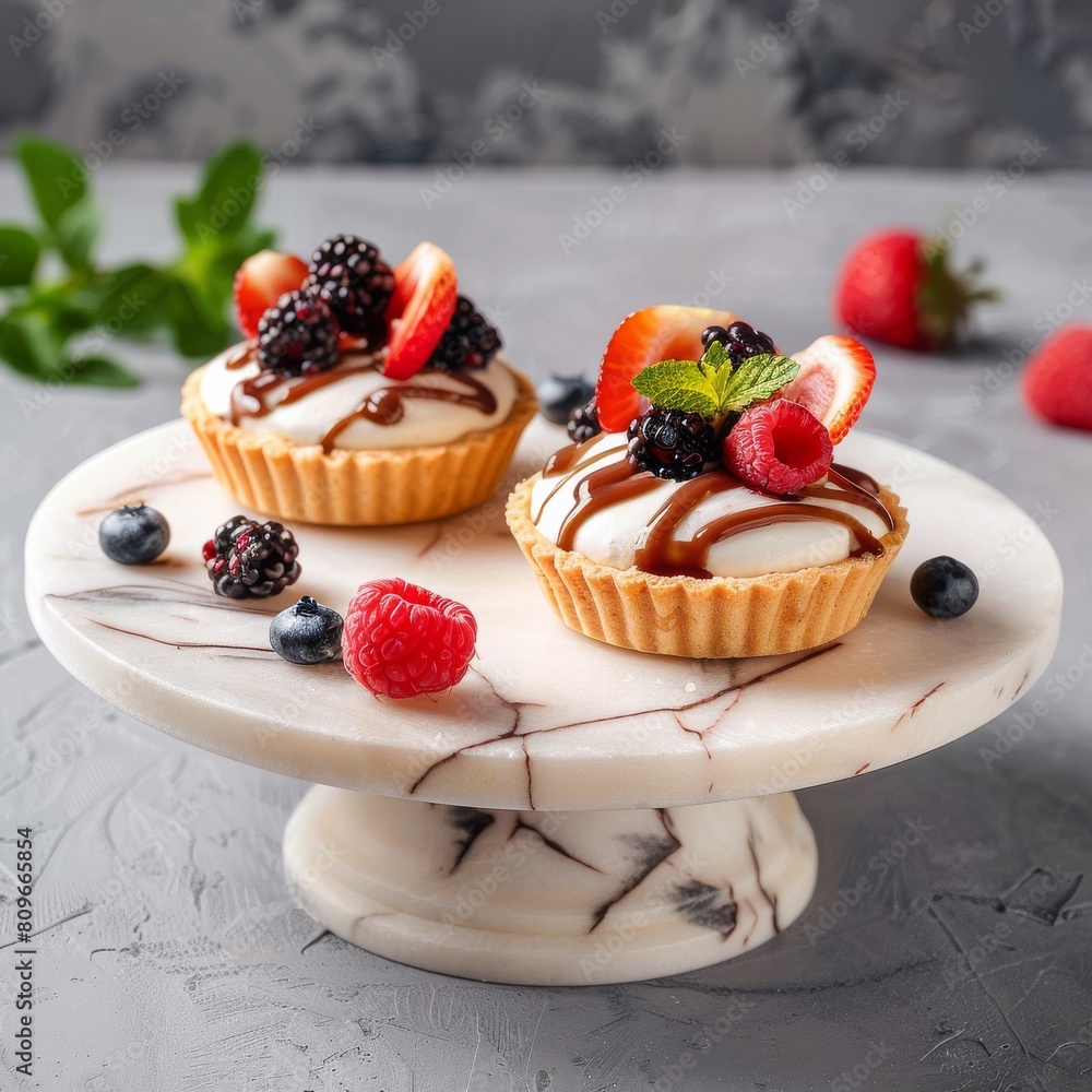 Tasty fresh tartlets on a marble stand on a light background.