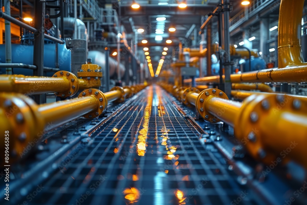 Shimmering pipeline infrastructure under the glow of factory lights, creating a futuristic atmosphere Shimmering pipeline infrastructure under the glow of factory lights, creating a futuristic atmosphere