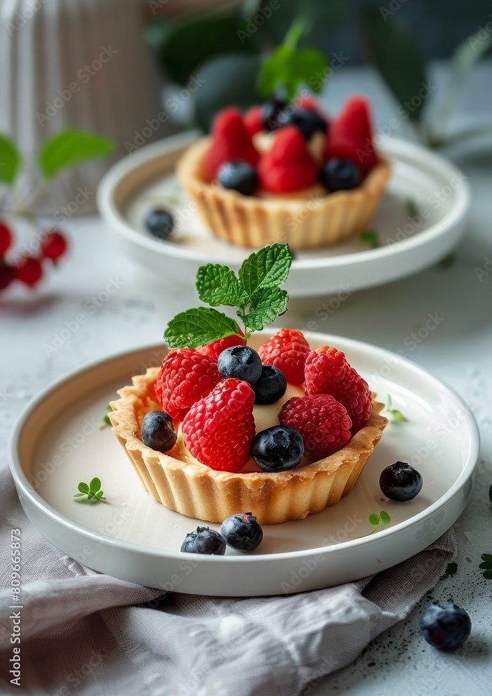 Tasty fresh tartlets on a white plate in the kitchen on the table. Tasty fresh tartlets on a white plate in the kitchen on the table.