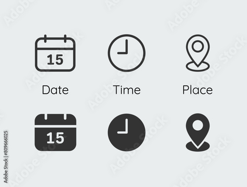 Date, time, place icon set. Clock, calendar, address, position, location symbols. Easy editable vector design.