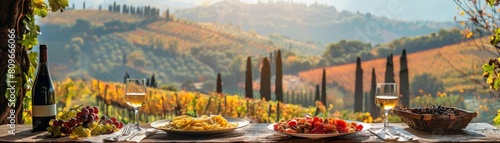 Enjoy a delicious Italian meal with wine in the beautiful countryside. The sun is setting over the vineyards, and the air is filled with the scent of rosemary and lavender.