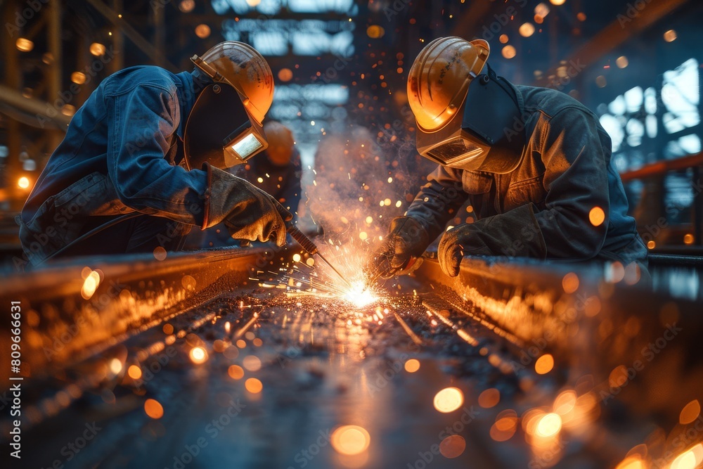 Two workers in protective gear focus intently on welding at an industrial construction site, sparks illuminating their space Two workers in protective gear focus intently on welding at an industrial construction site, sparks illuminating their space