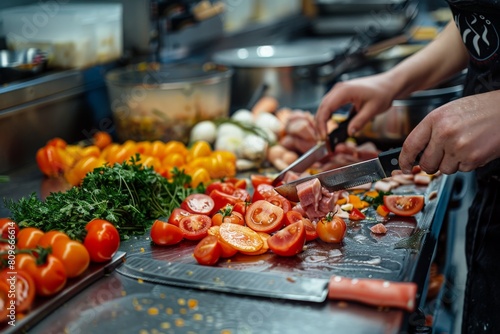 A professional chef meticulously chopping tomatoes among an array of fresh vegetables and meats on a stainless steel countertop.