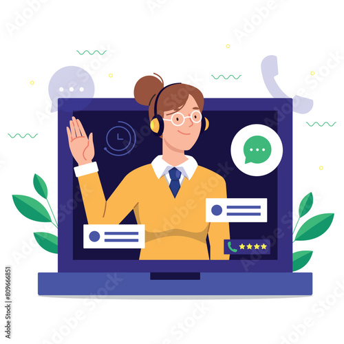 Customer service. Woman with headphones and microphone with laptop. Concept illustration for support, assistance, call center. Vector illustration in flat style