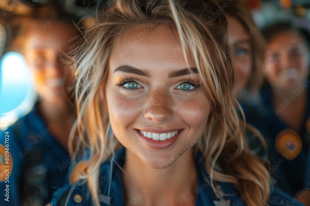 Intimate close-up of a woman with captivating blue eyes, perfectly capturing her beauty and the sparkle in her gaze Intimate close-up of a woman with captivating blue eyes, perfectly capturing her beauty and the sparkle in her gaze