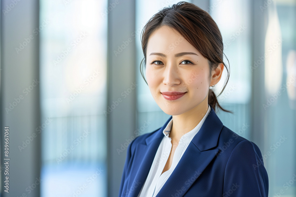 Japanese woman in business attire, smiling and looking directly at the camera with soft lighting Japanese woman in business attire, smiling and looking directly at the camera with soft lighting