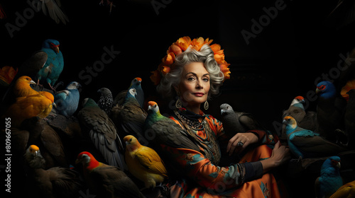 Eccentric Woman with Colorful Doves in Dark Artistic Setting Captures Unique Beauty